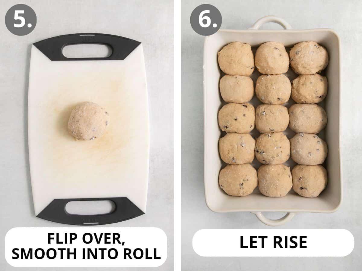 One gluten-free hot cross buns dough ball on a cutting board, and a full pan of hot cross buns rising
