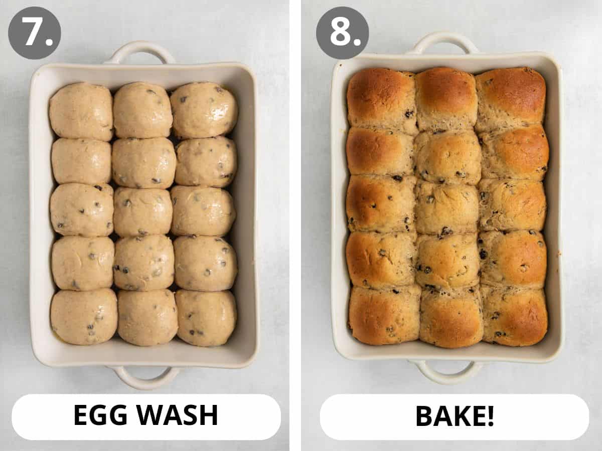 gluten-free hot cross buns dough with an egg wash, and baked hot cross buns in a baking pan