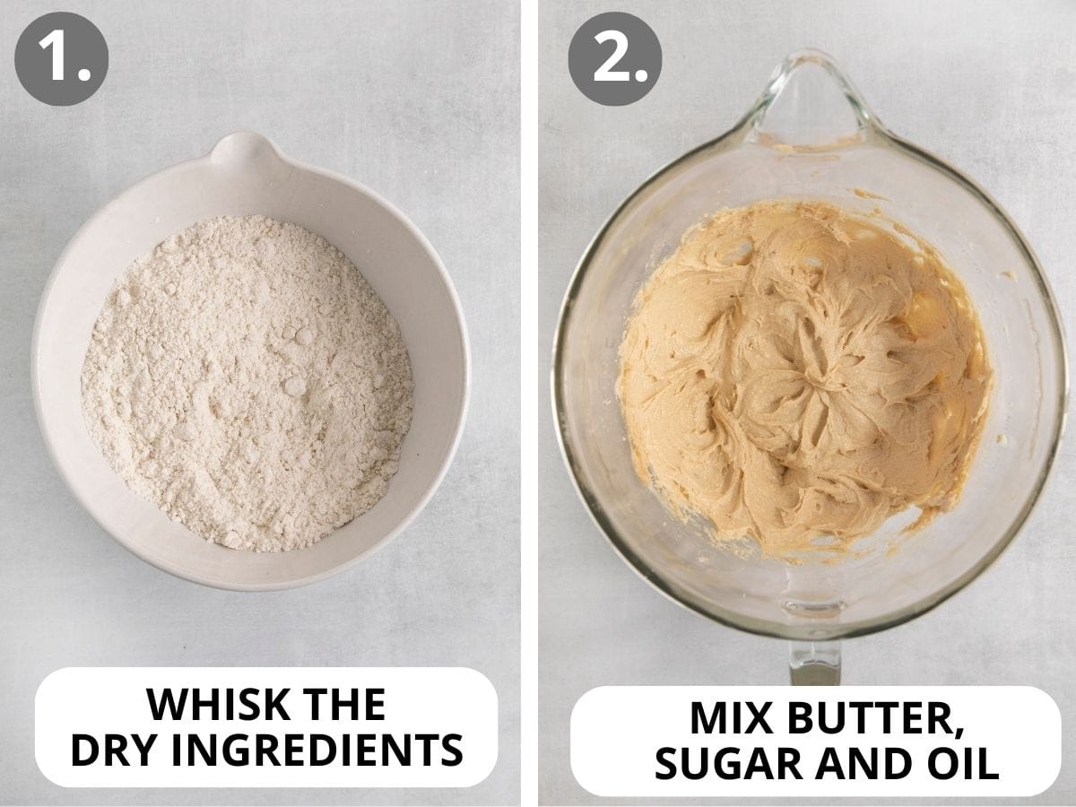Dry ingredients in a bowl and butter and sugar mixed in a bowl
