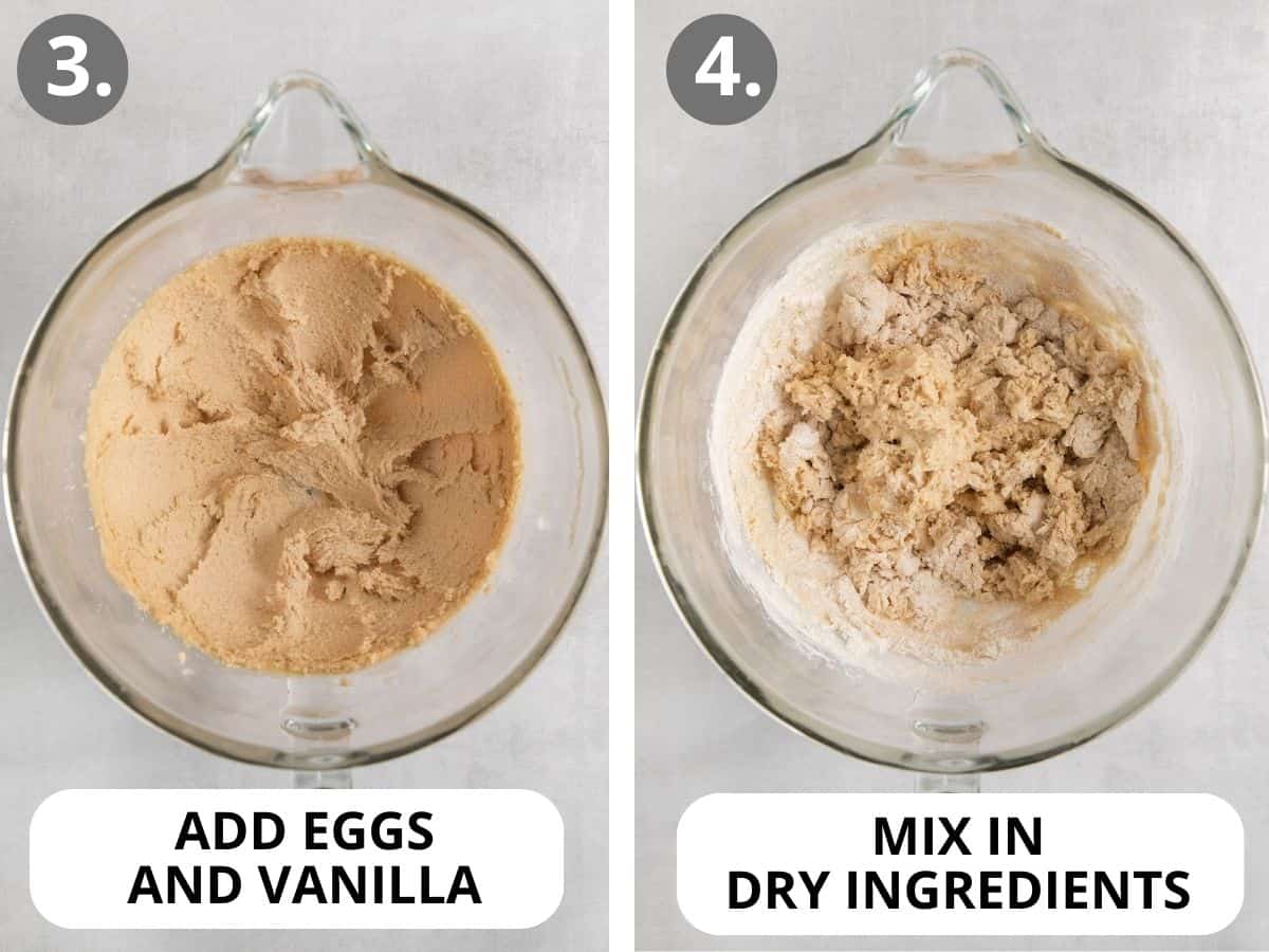 Eggs and vanilla in a bowl and dry ingredients mixed in a bowl