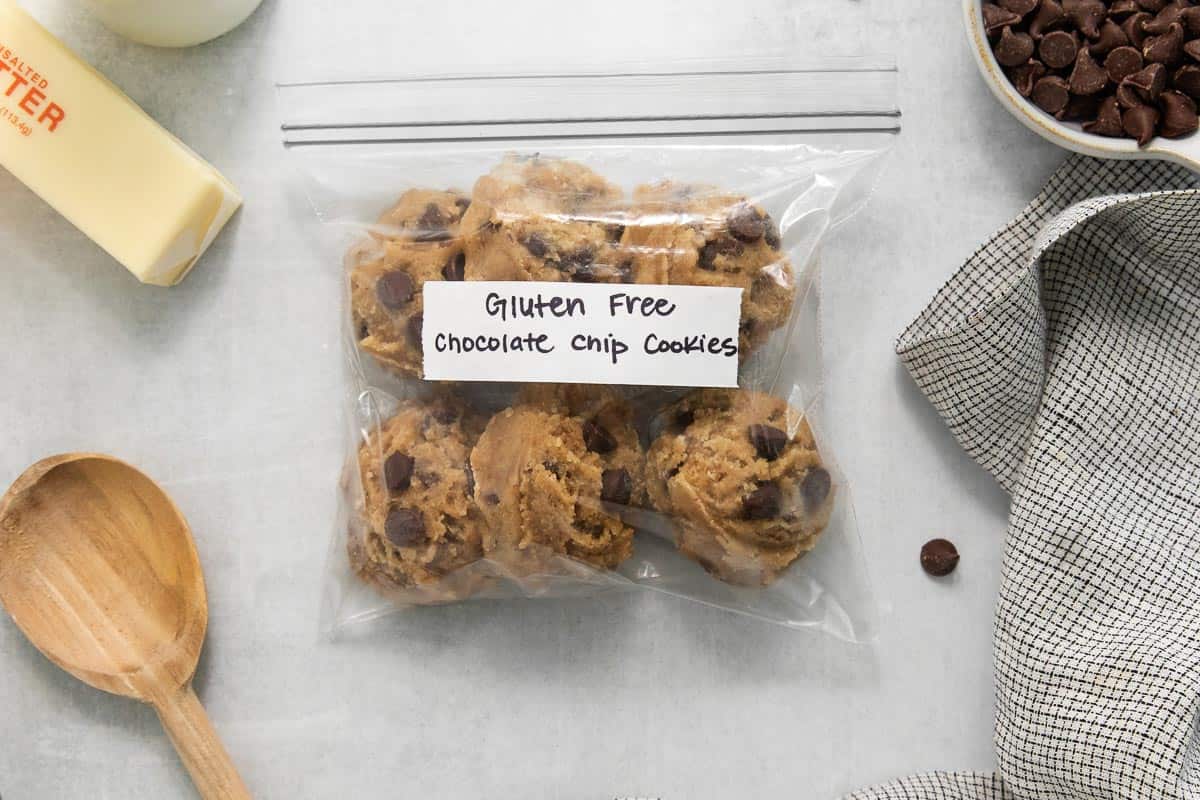 gluten-free chocolate chip cookie dough scooped and in resealable bag