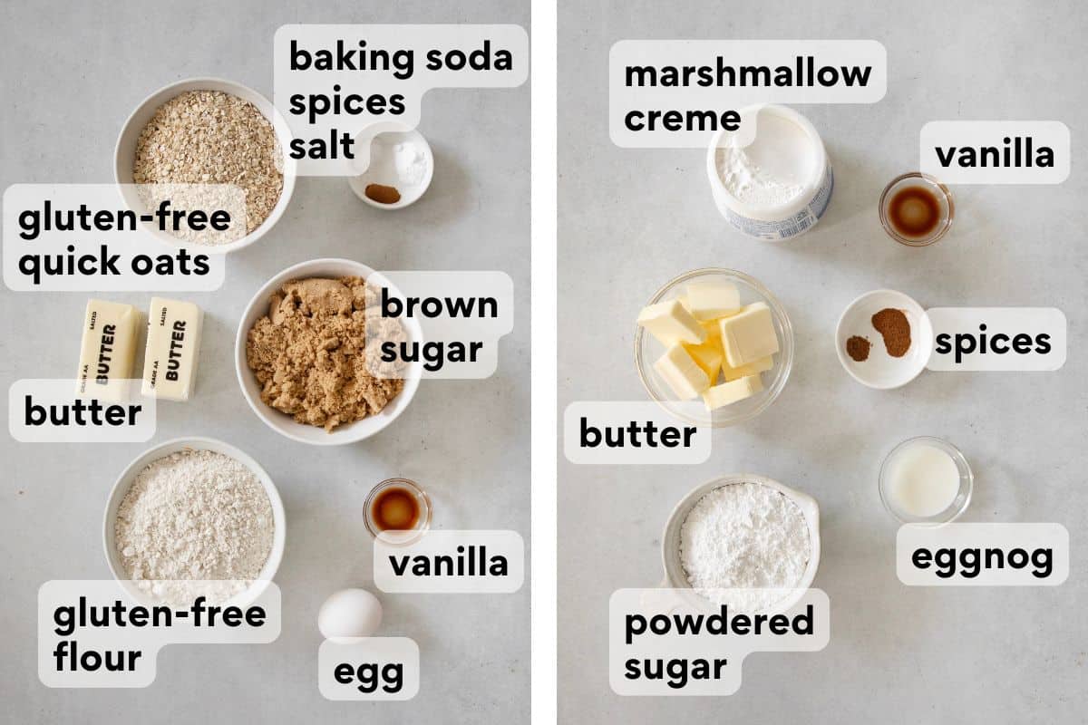 eggnog oatmeal cream pie ingredients measured and labeled.