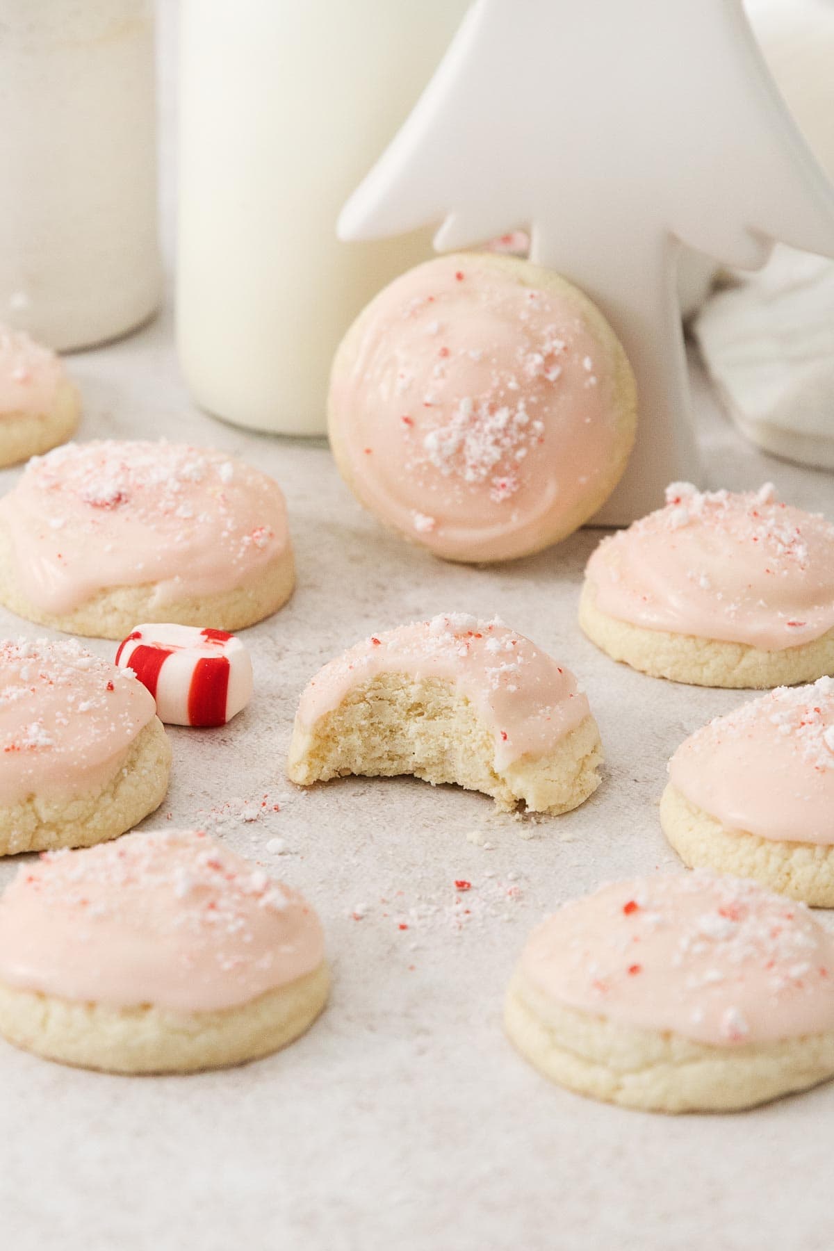 peppermint meltaways with a bite missing from one and another propped upright.