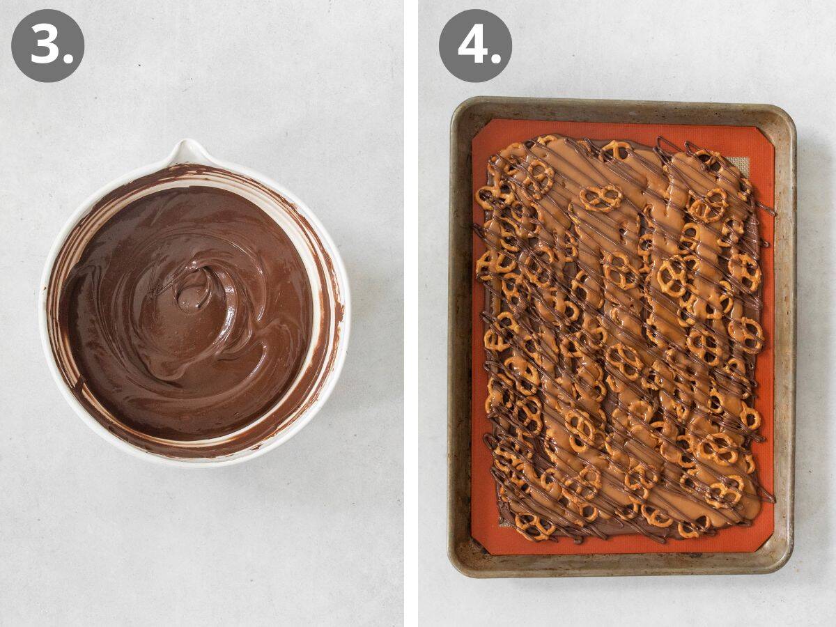 steps to make the chocolate drizzle and layer the pretzel bark.