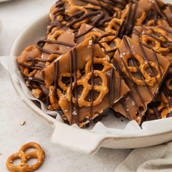 salted caramel pretzel bark in a white dish.