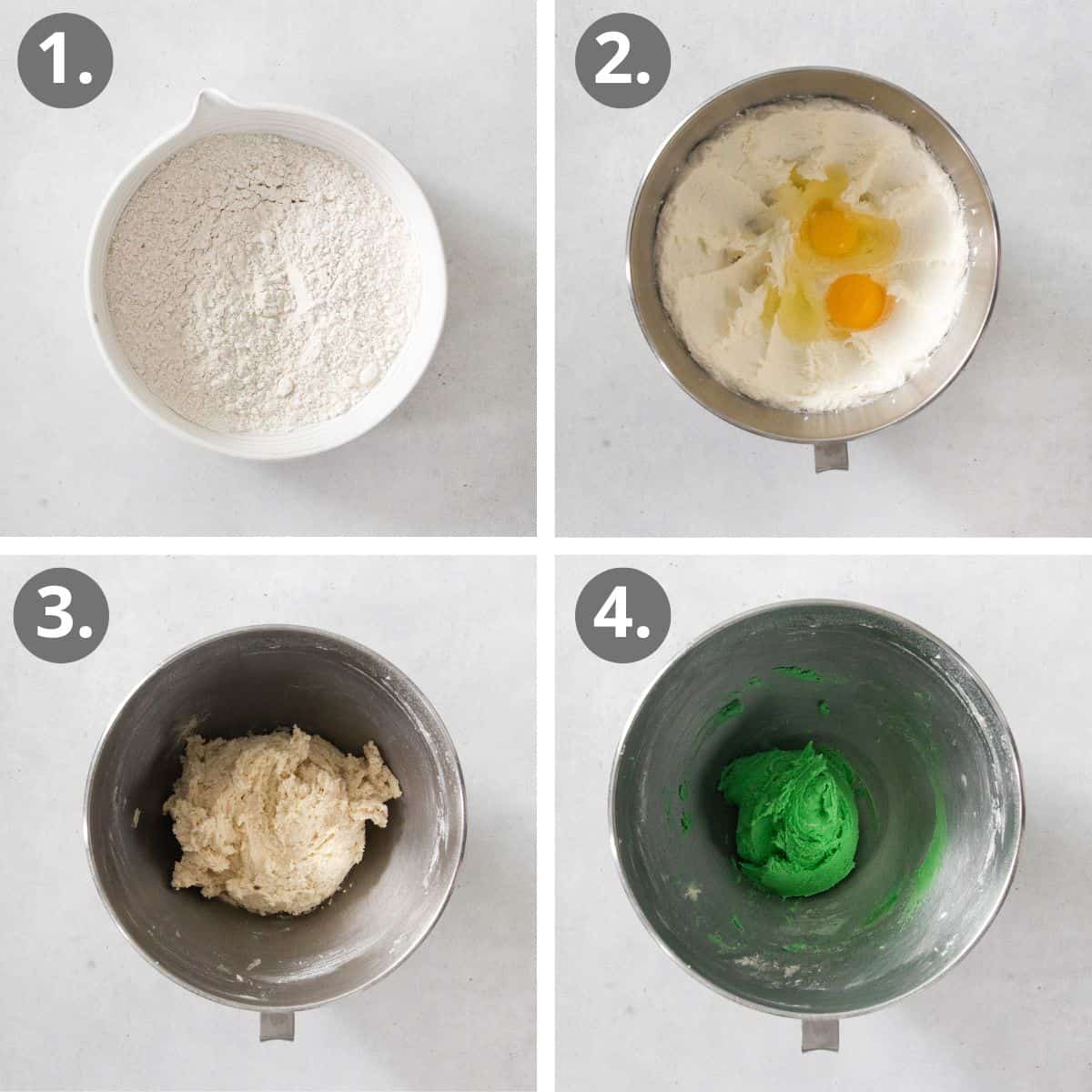 step to make the cookie dough and divide into plain and food dyed.