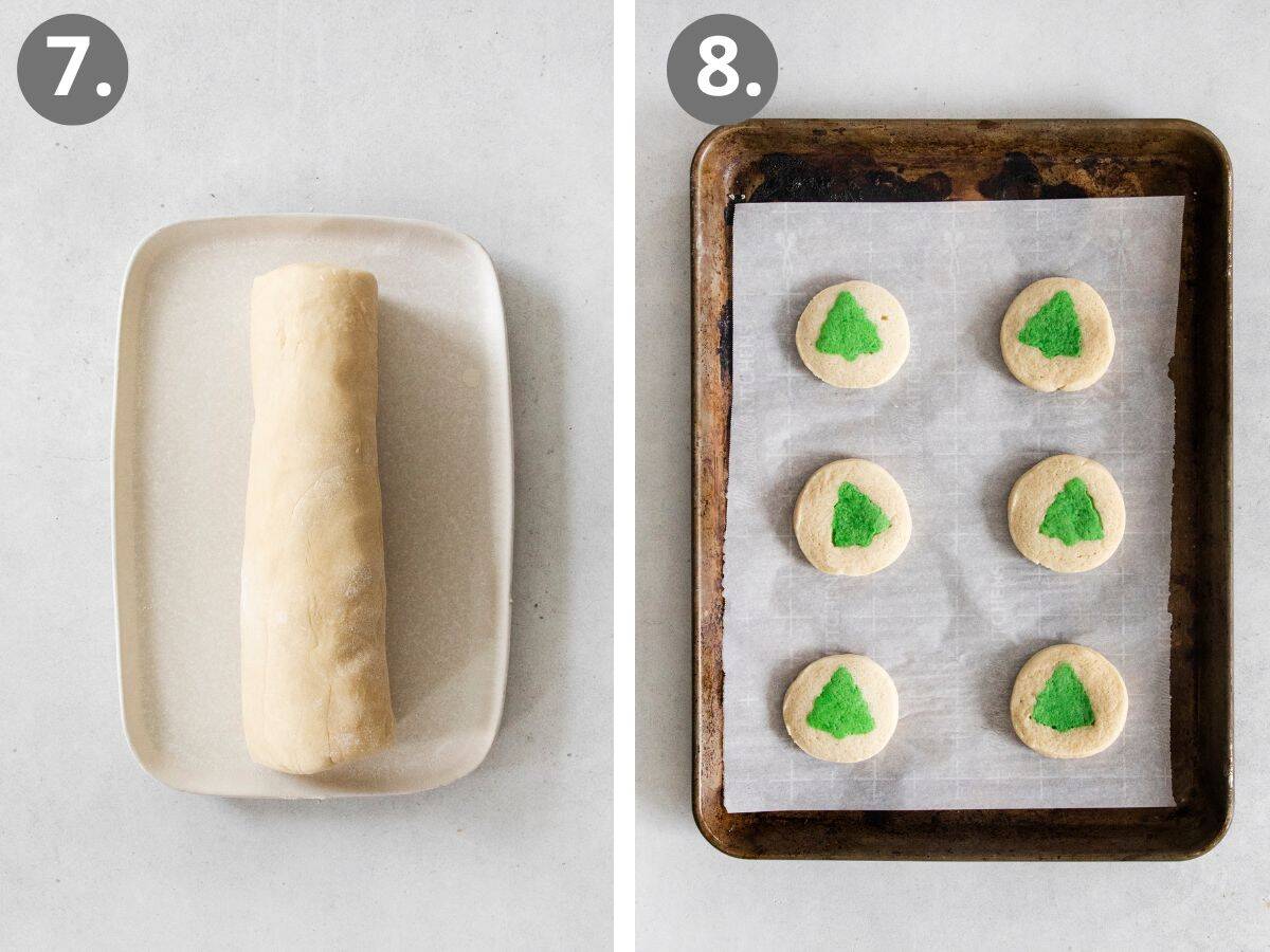 steps to shape the full dough log, then slice and bake the cookies.