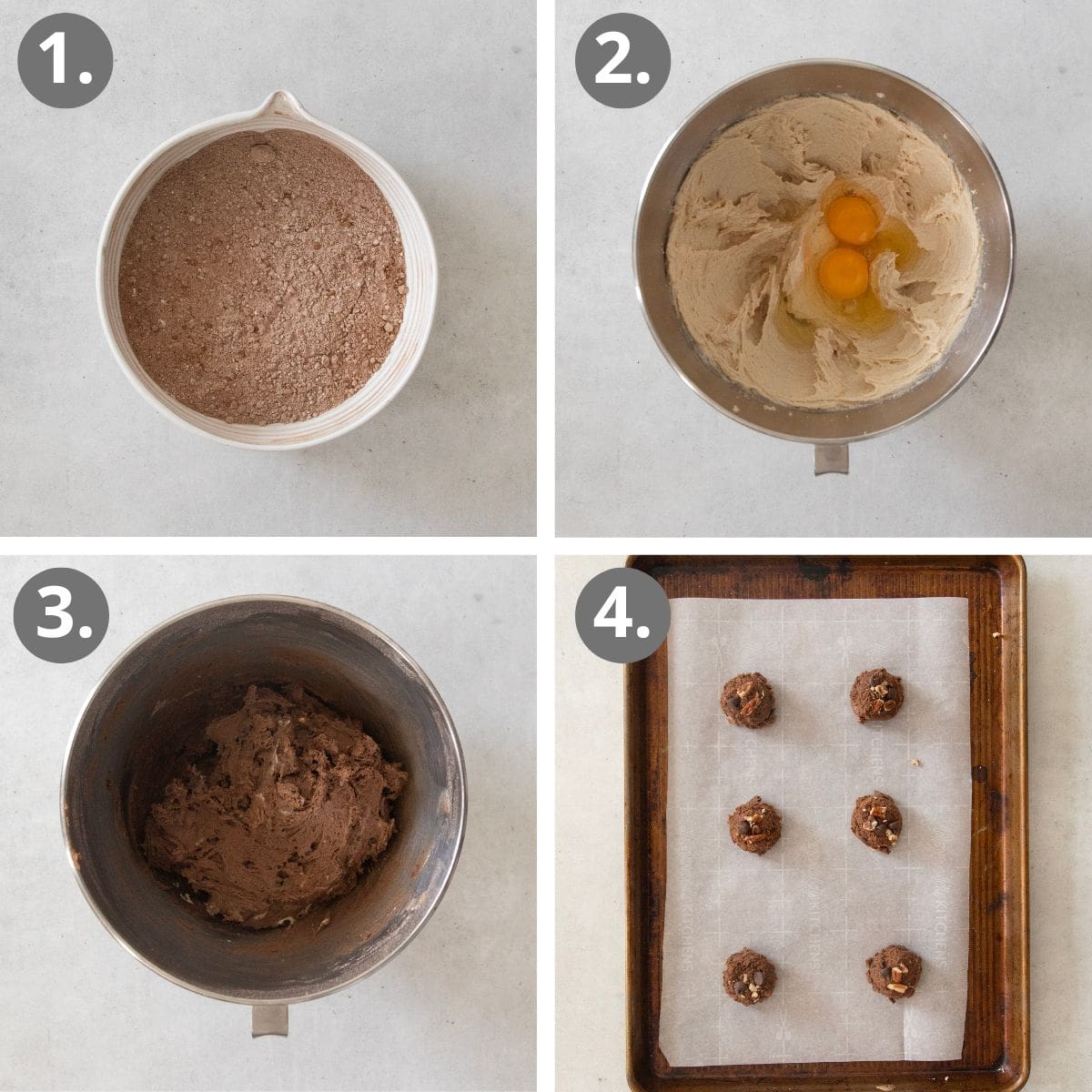 steps to make the chocolate turtle cookies from making the dough to baking.