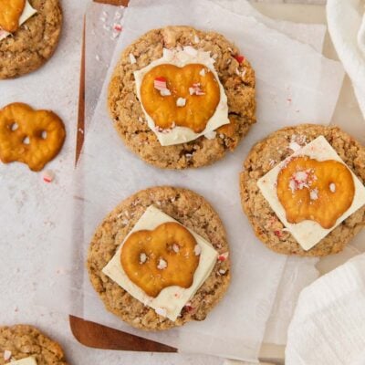 white chocolate peppermint pretzel cookies on parchment paper.
