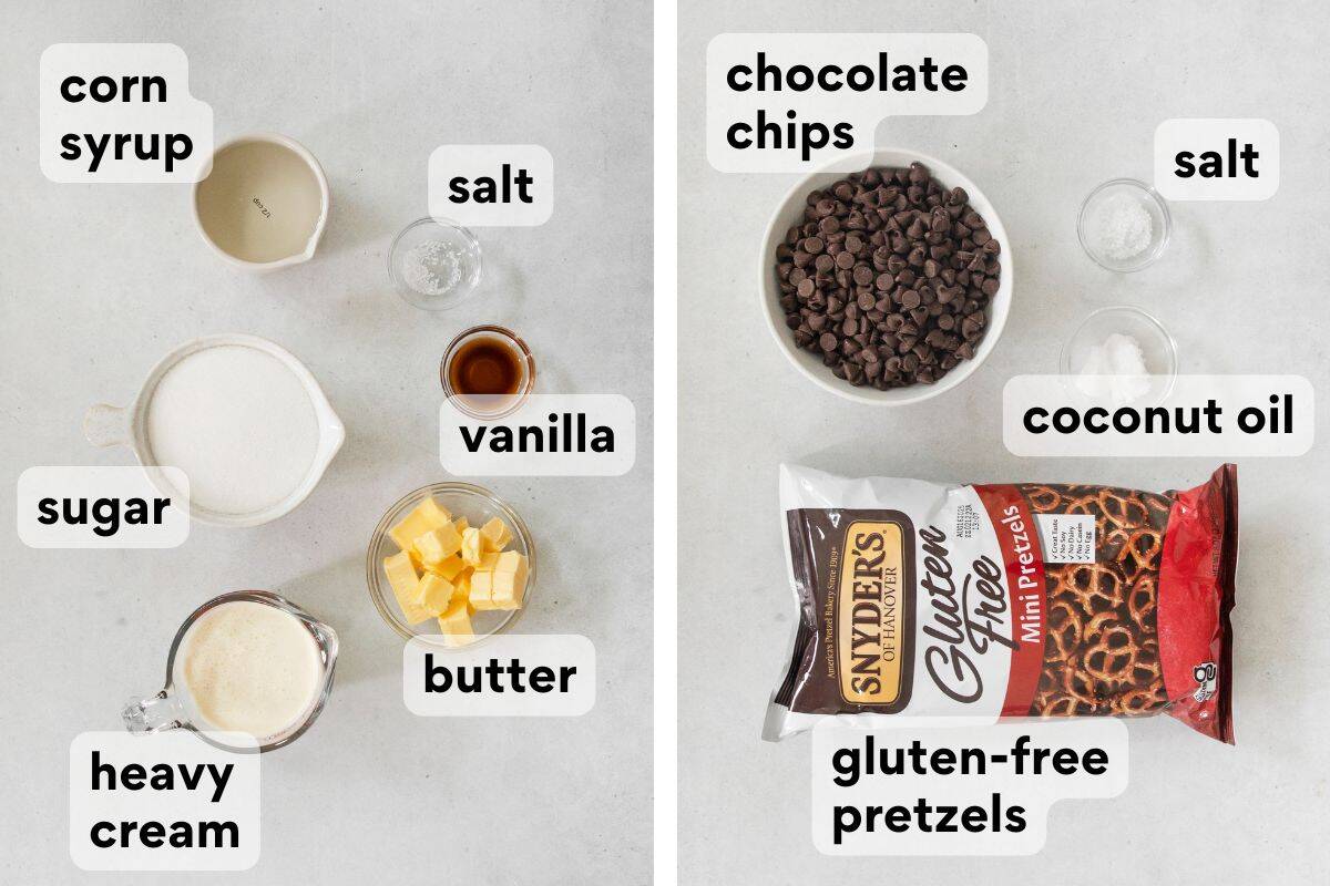 salted caramel pretzel bark ingredients measured and labeled.