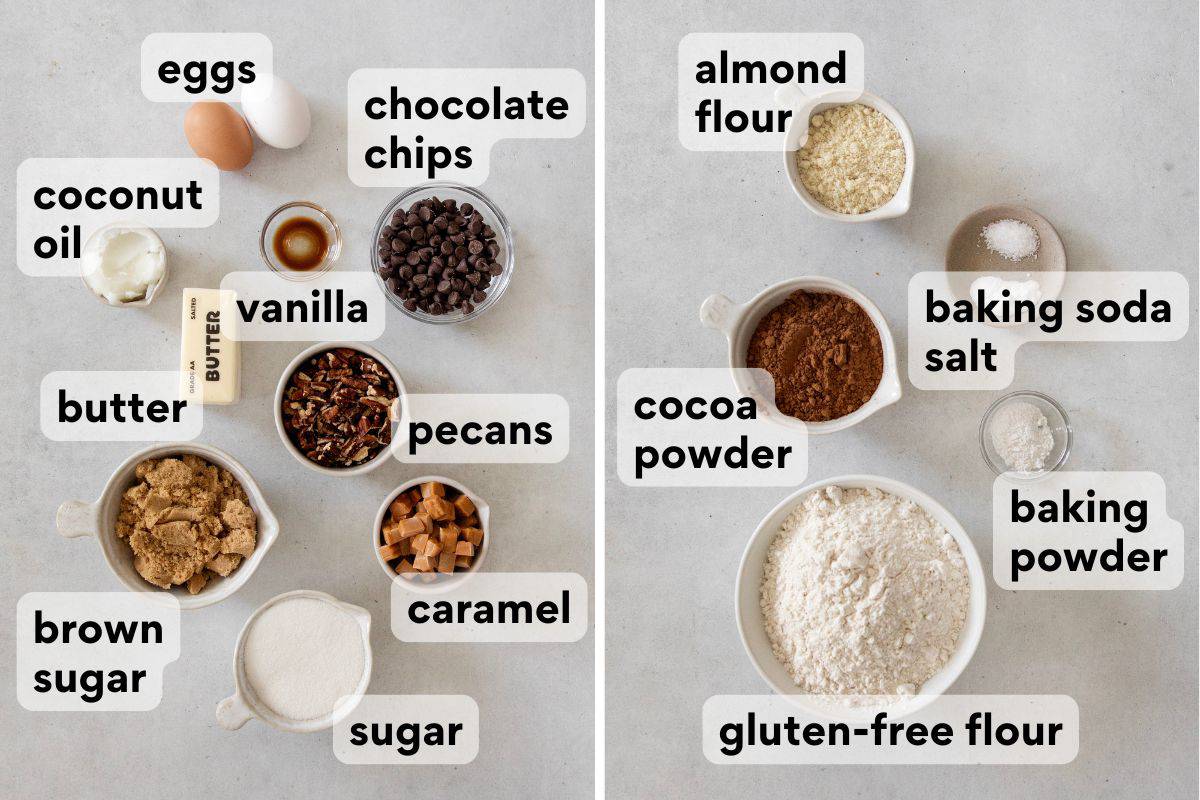 chocolate turtle cookie ingredients measured and labeled.