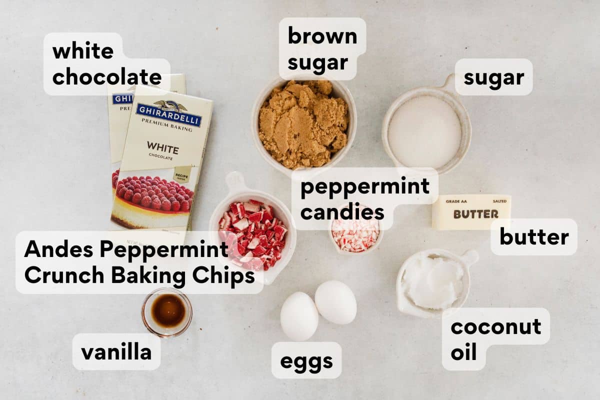 white chocolate peppermint pretzel cookie wet and mint ingredients measured and labeled.