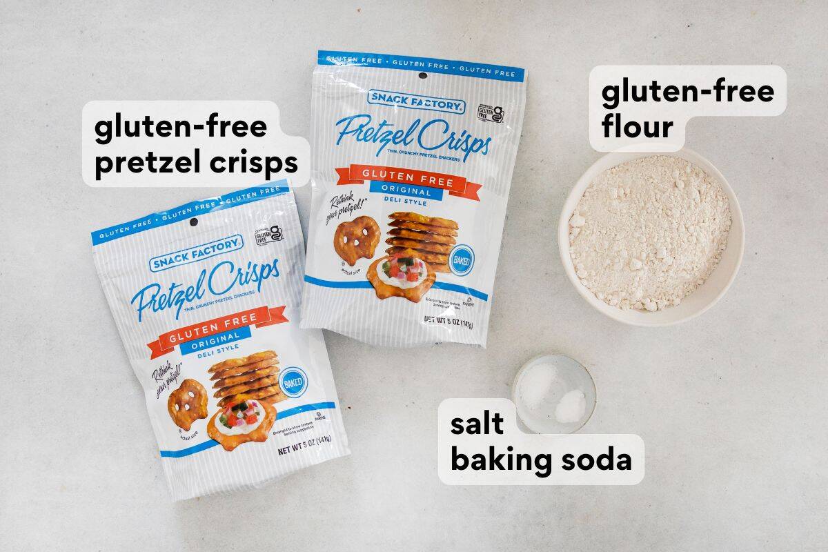 white chocolate peppermint pretzel cookie dry ingredients measured and labeled.