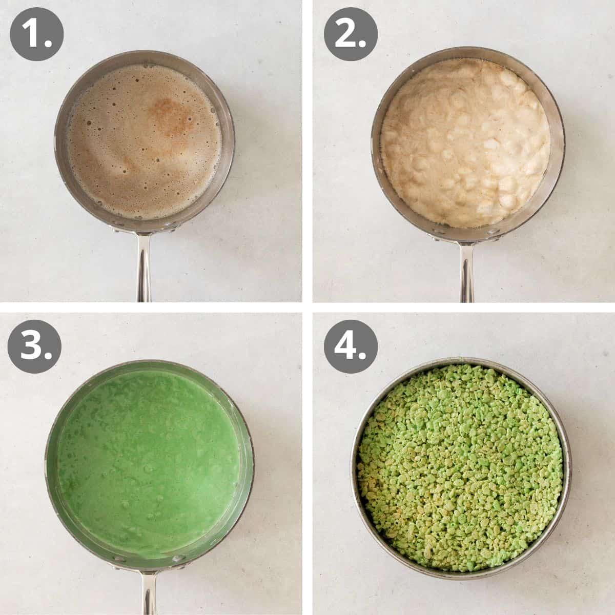 steps to make the green-dyed crispy treats.