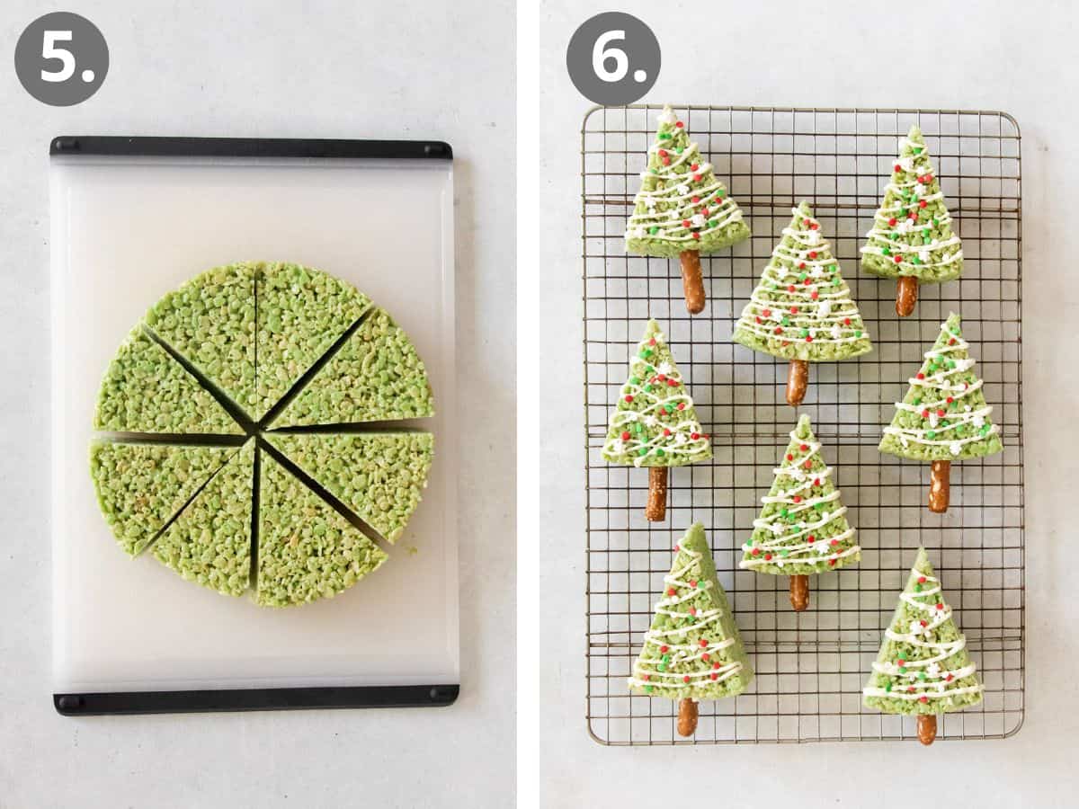 steps to shape, cut, and decorate the Christmas tree crispy treats.