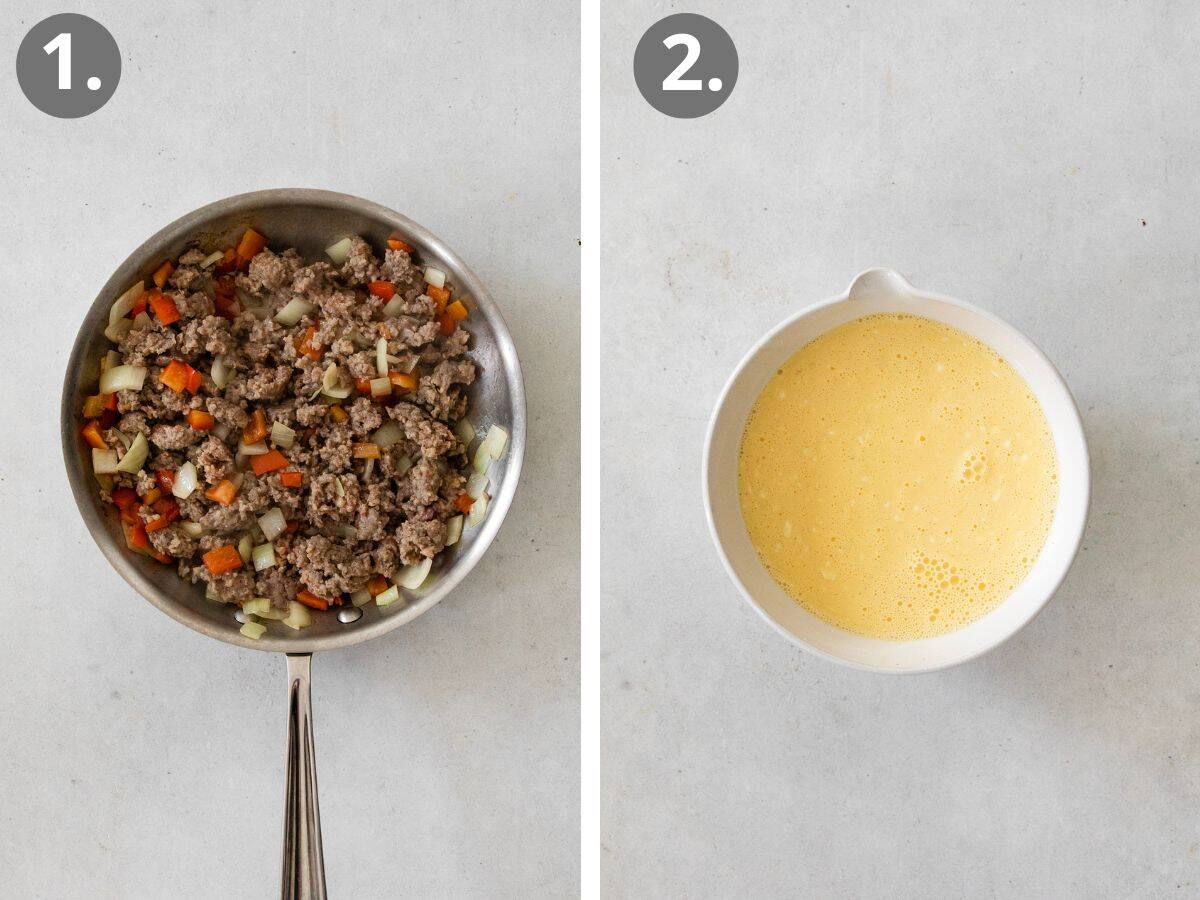 steps to prepare the sausage and egg mixtures.