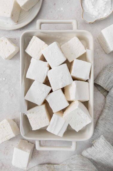Vanilla bean marshmallows in a baking dish.