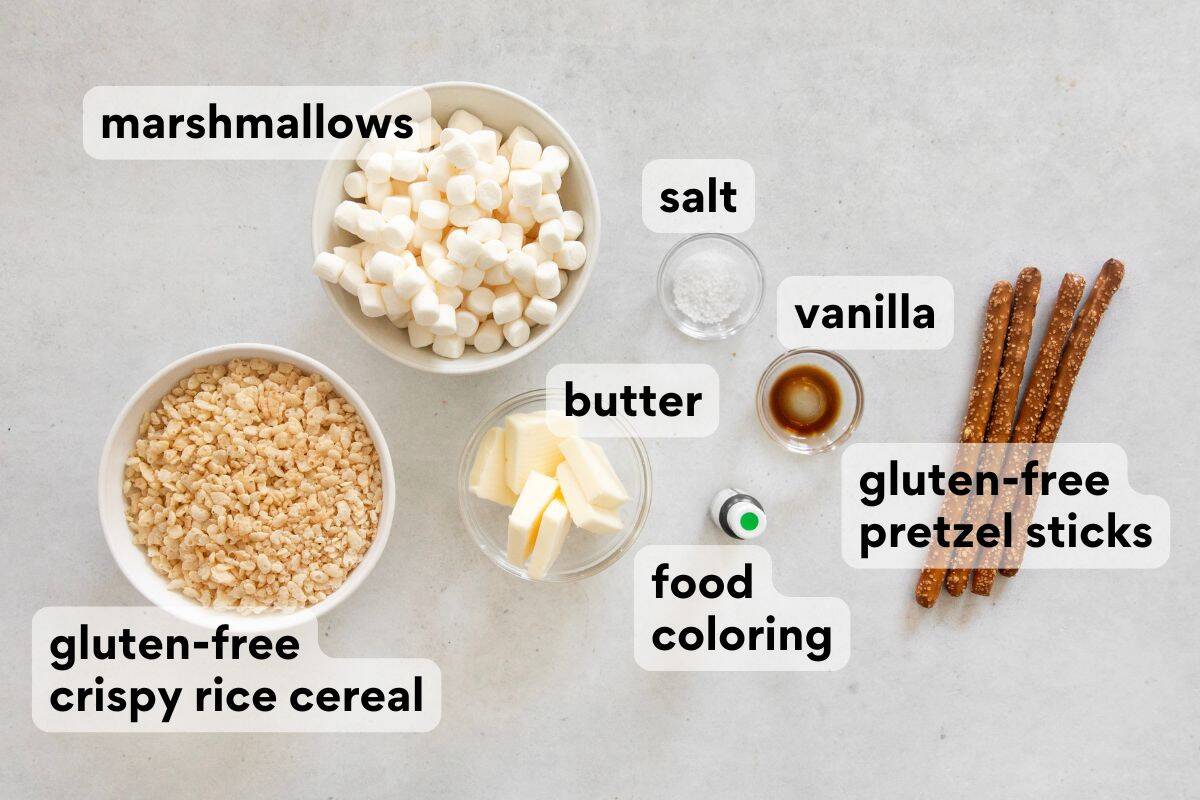 Christmas tree crispy treat ingredients measured and labeled.