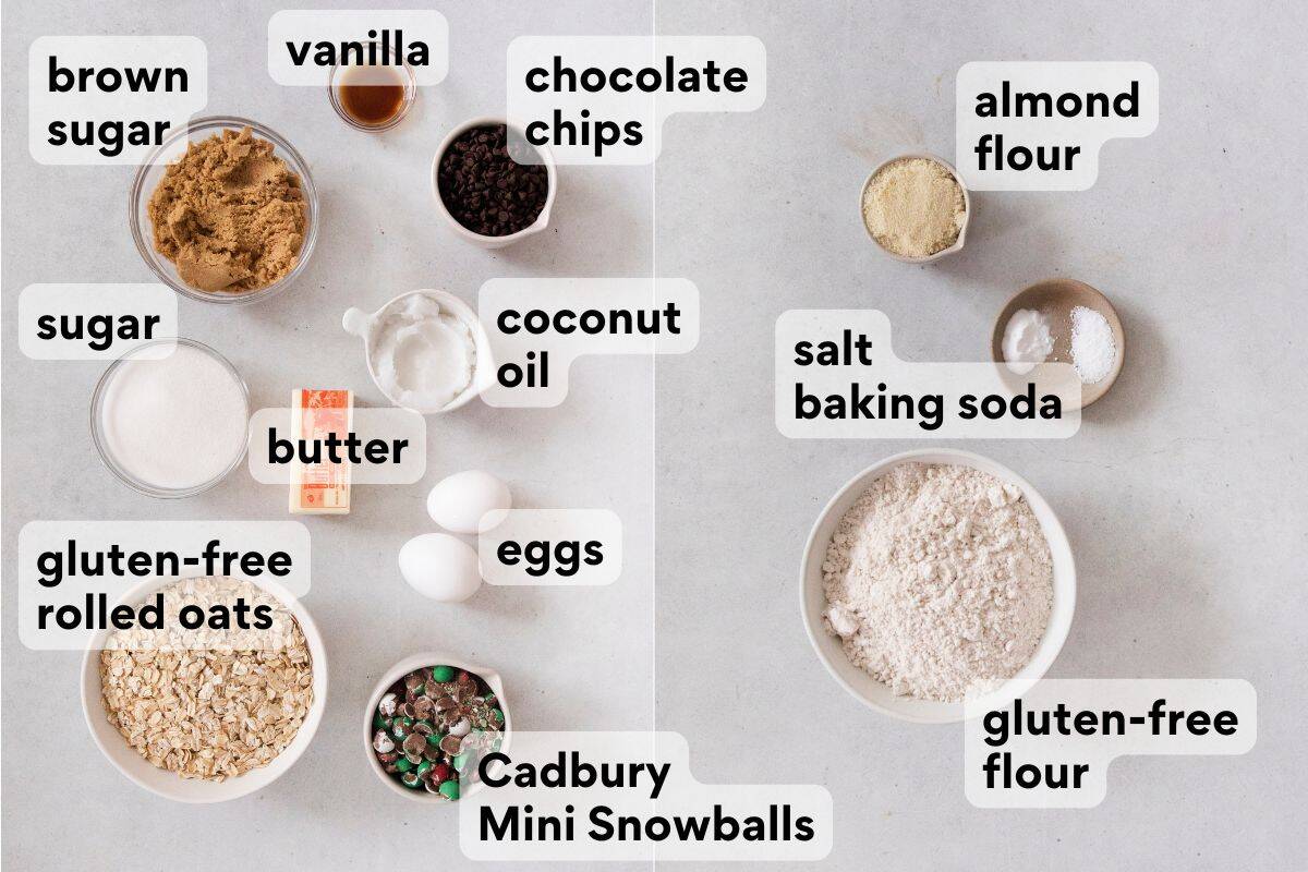 Cadbury snowball cookie ingredients measured and labeled.