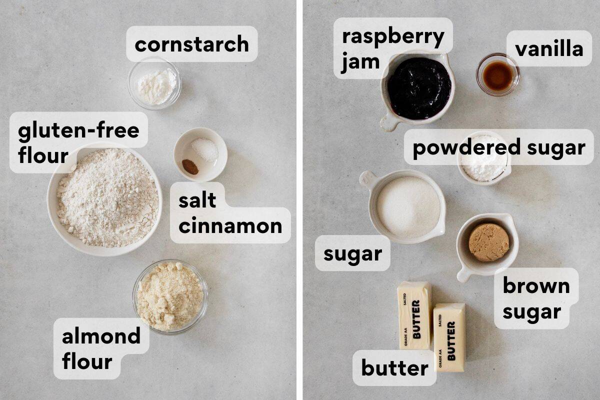 linzer cookie ingredients measured and labeled.