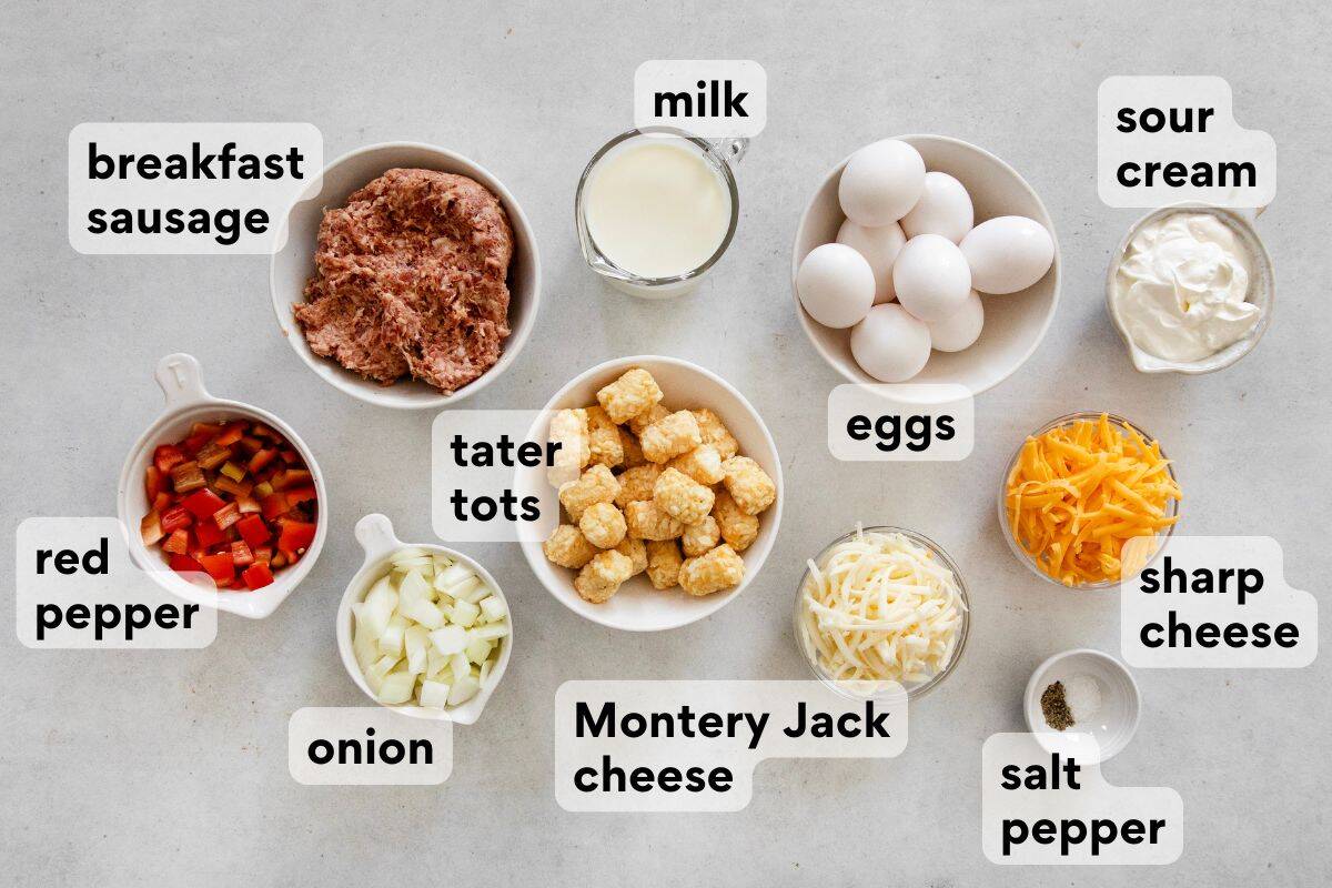 tater tot breakfast casserole ingredients measured and labeled.