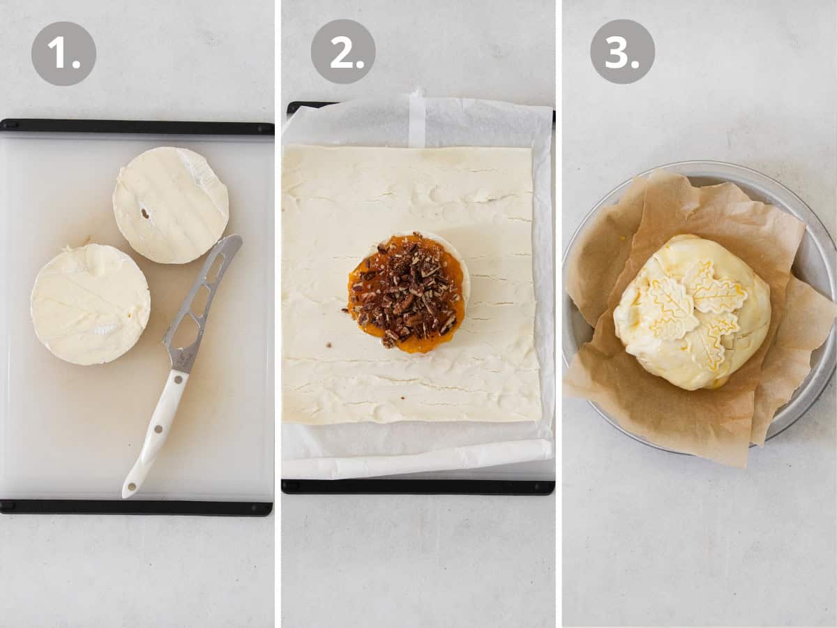 Gluten-free baked Brie instructions: a wheel of Brie on a cutting board with a knife, Brie topped with jam and pecans, and Brie wrapped in gluten-free pastry dough.