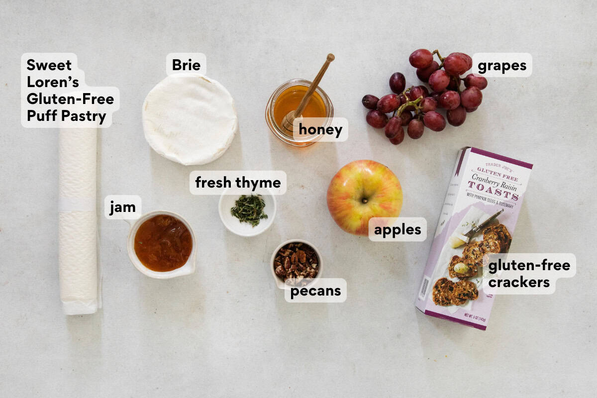 Gluten-free baked brie ingredients on a countertop.