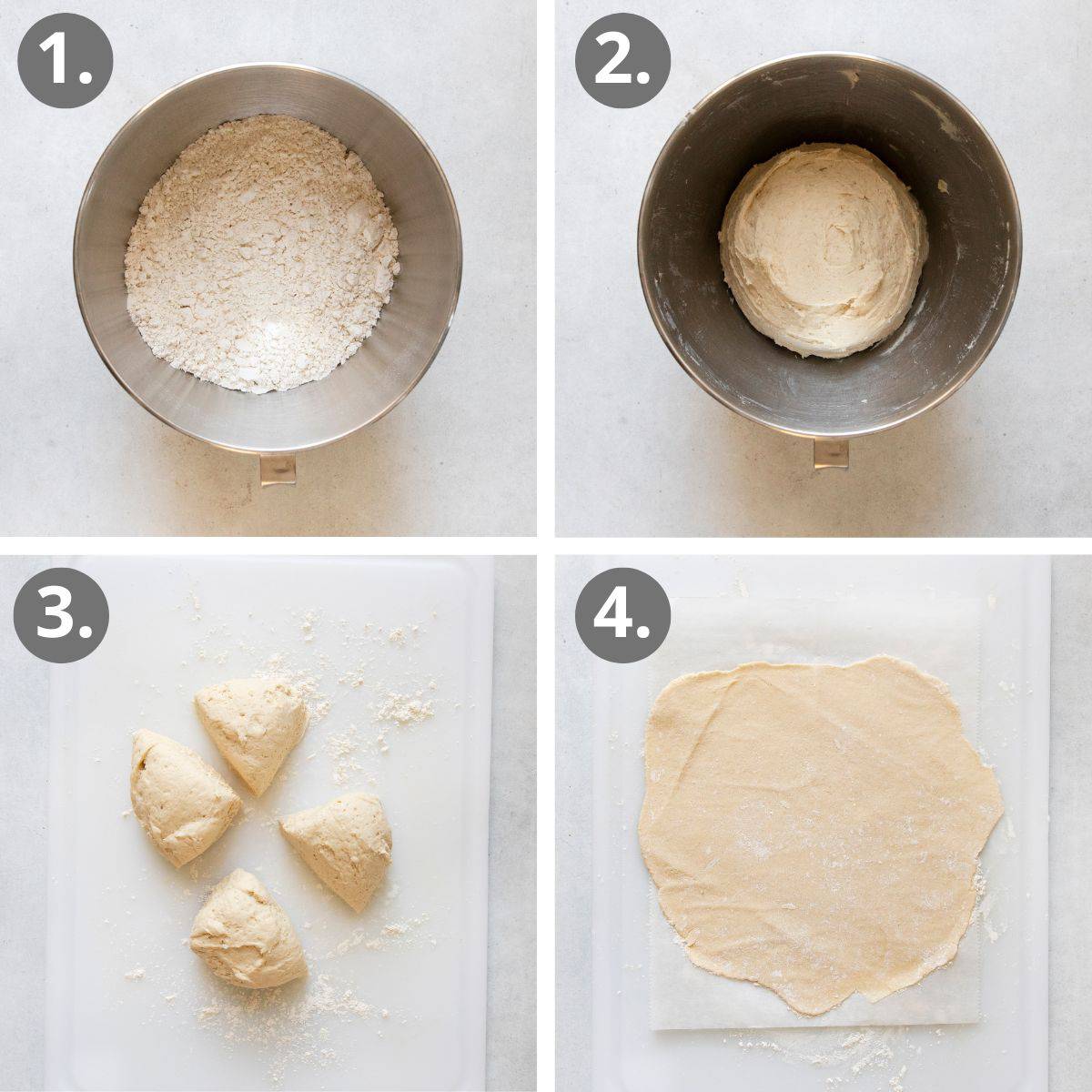 steps 1 through 4 for making the dough and rolling out the four dough sections.