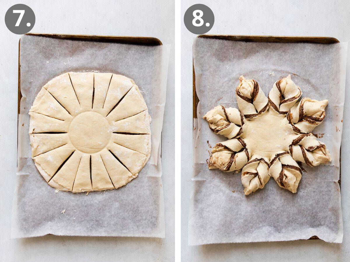 steps 7 and 8 to slice, shape, bake, and serve the nutella star bread.