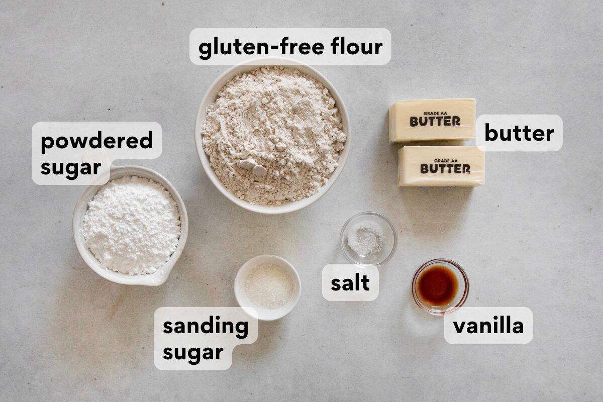 shortbread ingredients measured and labeled.