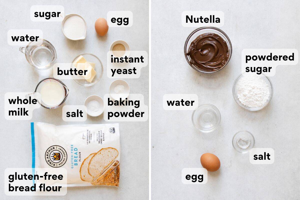 nutella star bread ingredients measured and labeled.