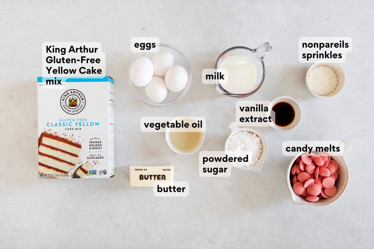 Gluten-free cake pops ingredients on a countertop.