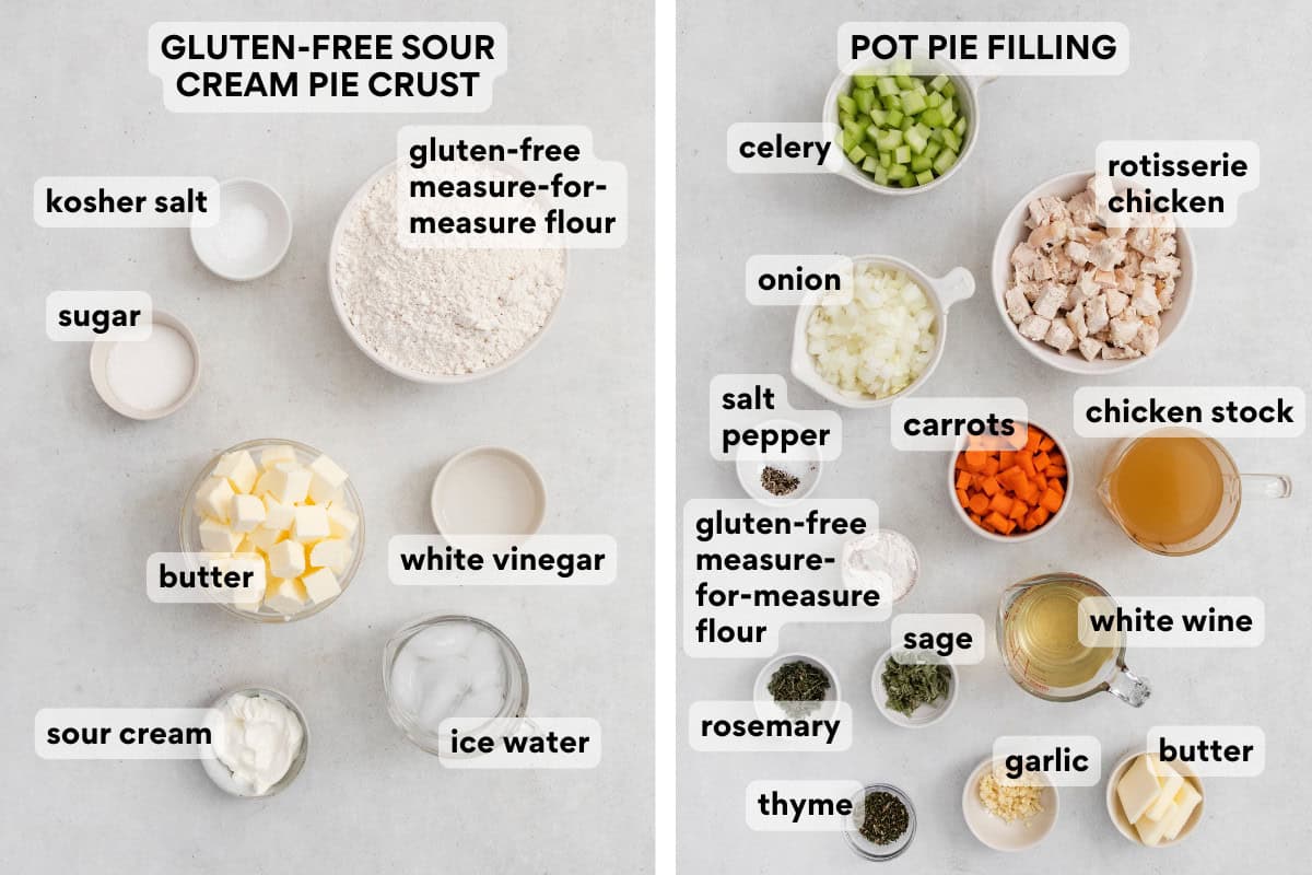 Gluten-free chicken pot pie ingredients on a countertop.