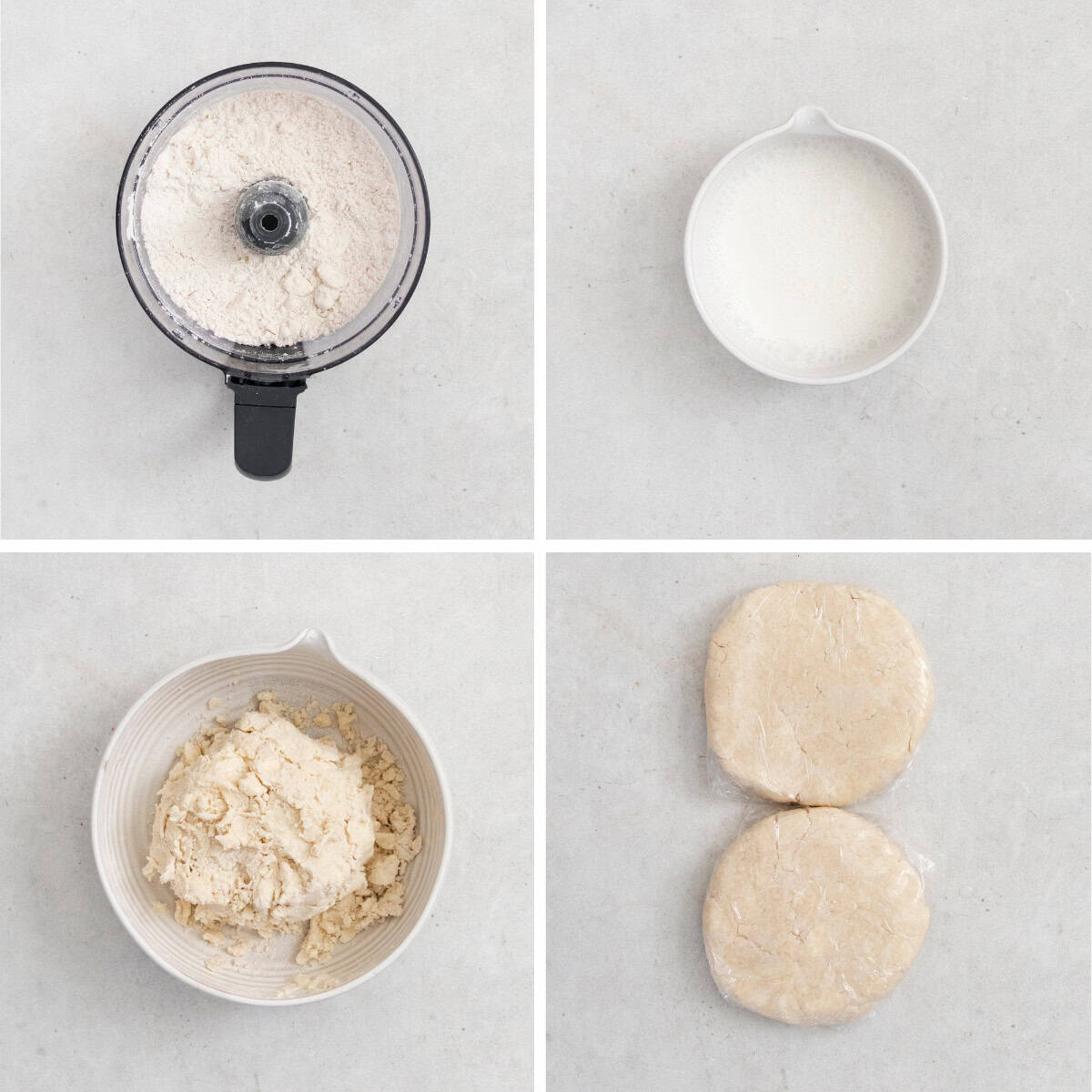 Process photos for making gluten-free sour cream pie crust, showing how to blend it in a food processor and roll out the dough.