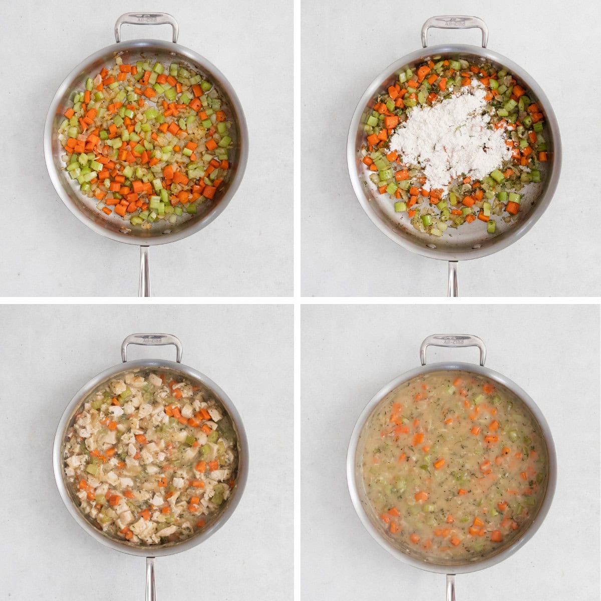 Process photos for making the pot pie filling, including sauteing the veggies, adding the flour, cream, and stirring it all together.