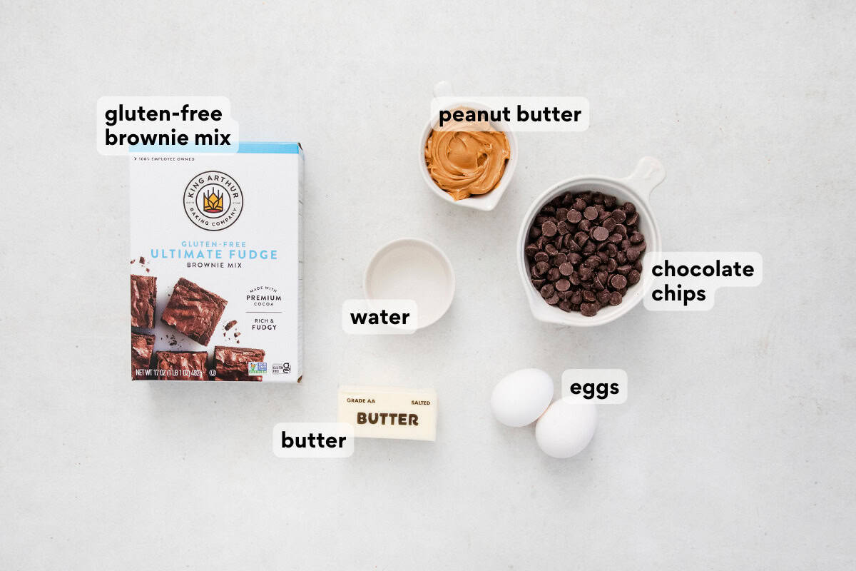 Ingredients for gluten-free peanut butter brownies on a countertop.