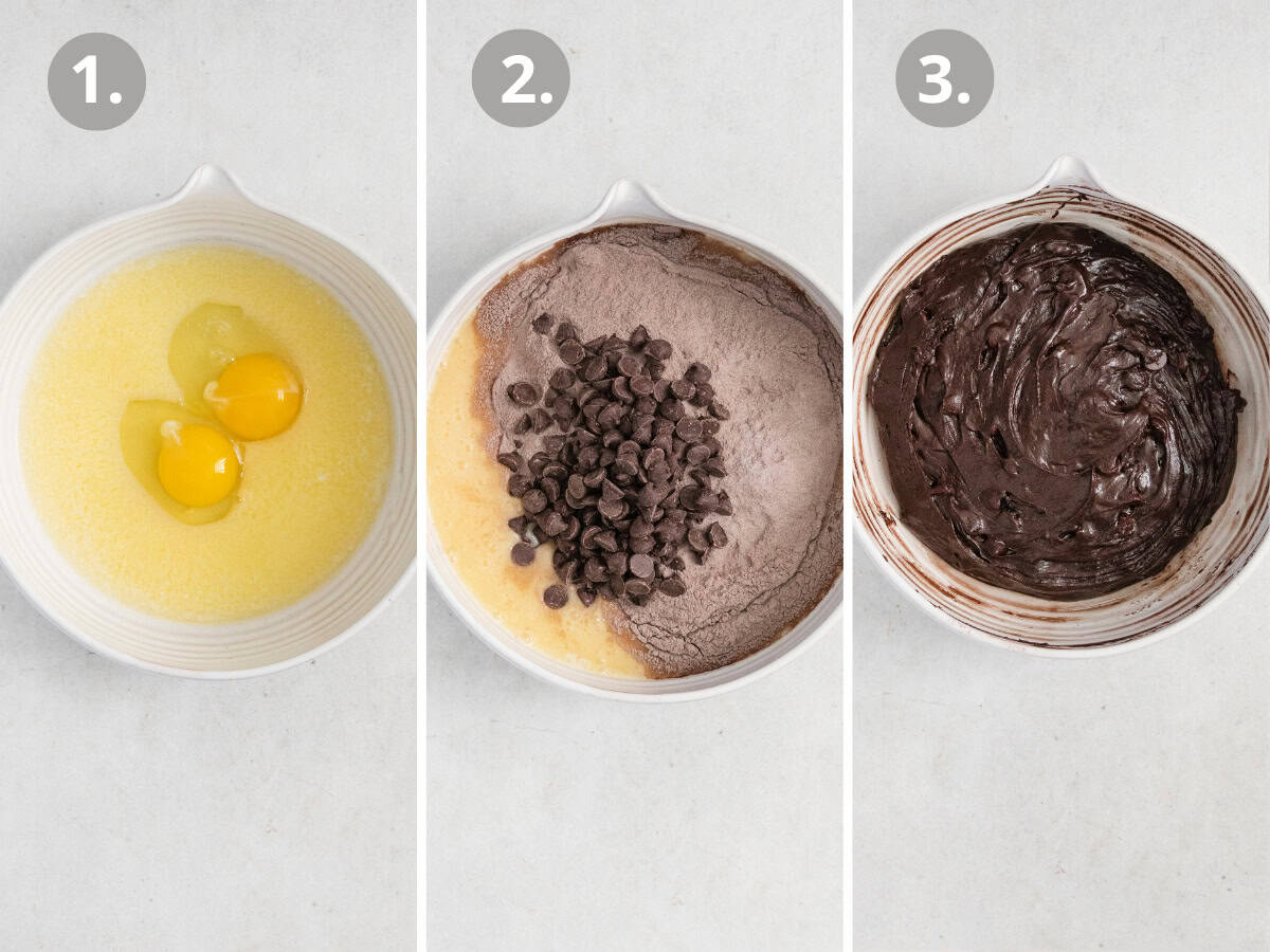 Instructions for making gluten-free peanut butter brownies, with eggs in a bowl, then mixed with the box mix and chocolate chips, then a mixed brownie batter.