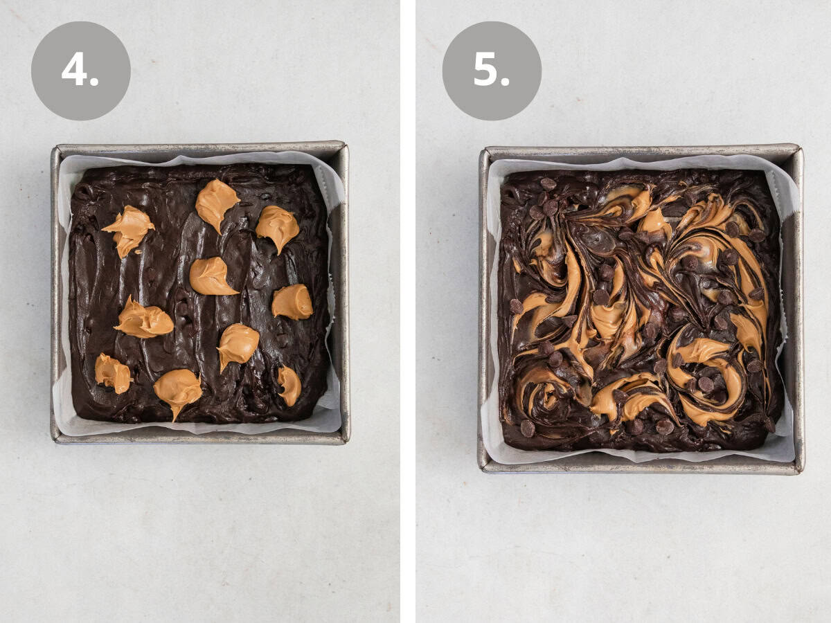 Gluten-free peanut butter brownies batter in a metal pan, with peanut butter dollops on top and then swirled.