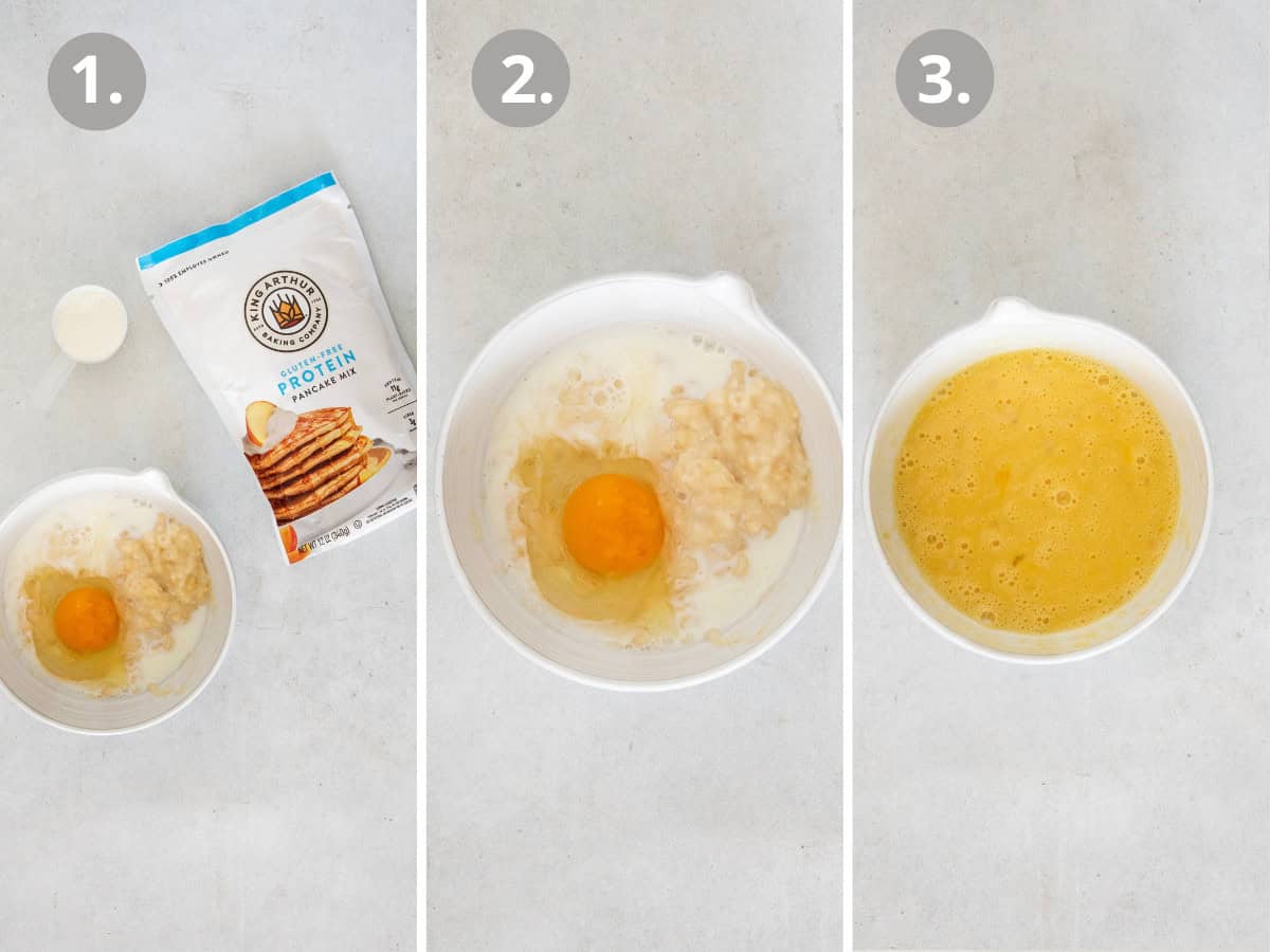 Gluten-free banana protein pancakes process photos in a bowl being mixed together.