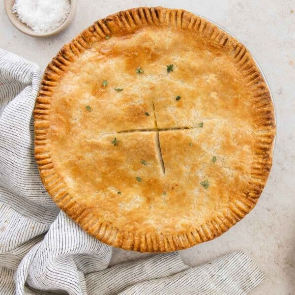 An overhead view of gluten-free chicken pot pie.