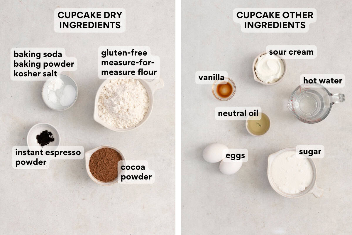 Ingredients for gluten-free Hostess cupcakes on a countertop.