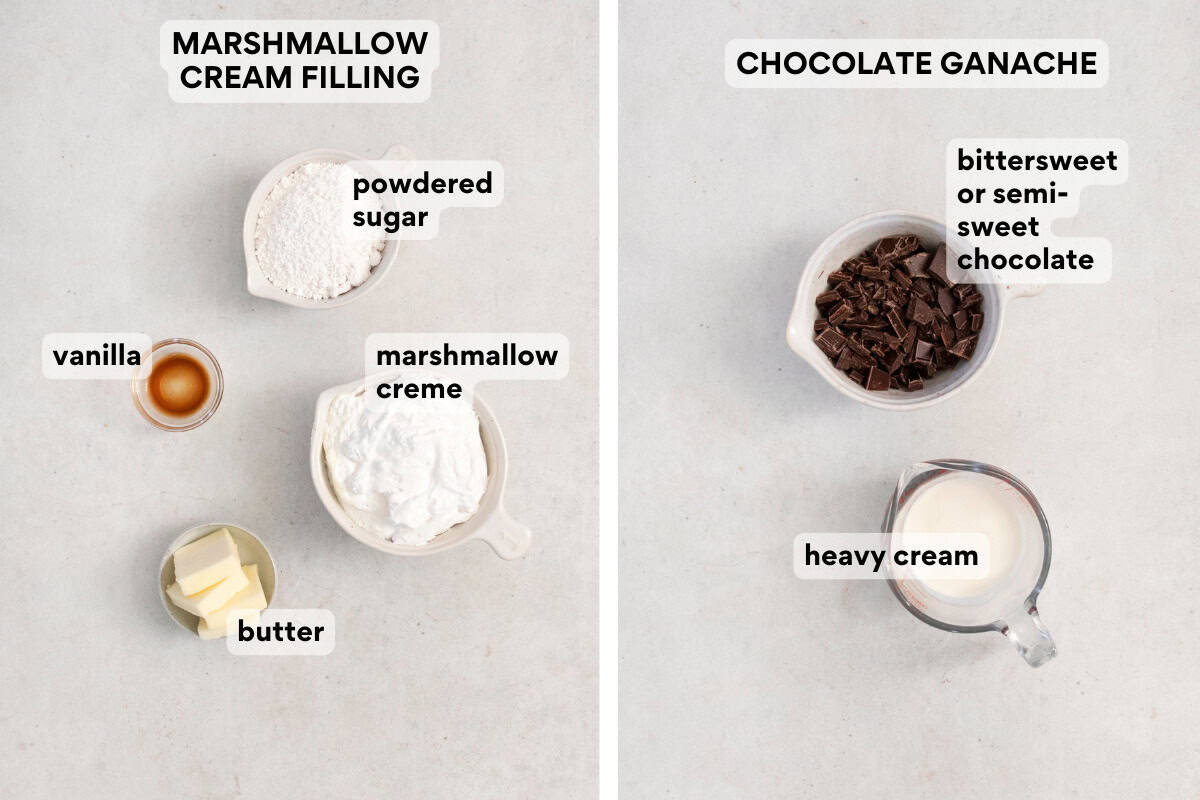 Ingredients for gluten-free Hostess cupcakes marshmallow cream filling and chocolate ganache on a countertop.
