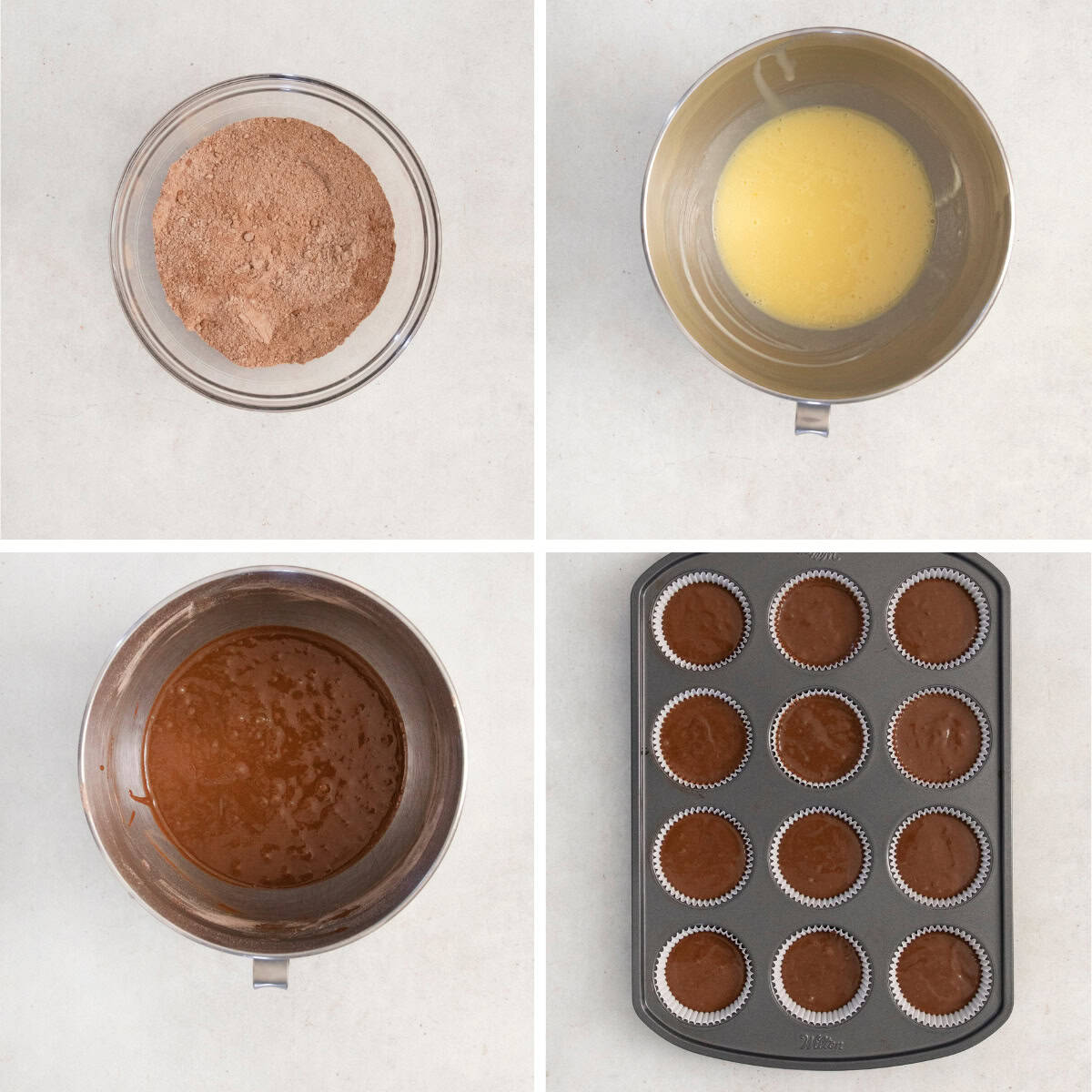 Four photos showing step-by-step instructions for gluten-free Hostess cupcakes: dry ingredients in a bowl, wet ingredients in a bowl, combined ingredients in a bowl, and cupcake batter in cupcake liners.