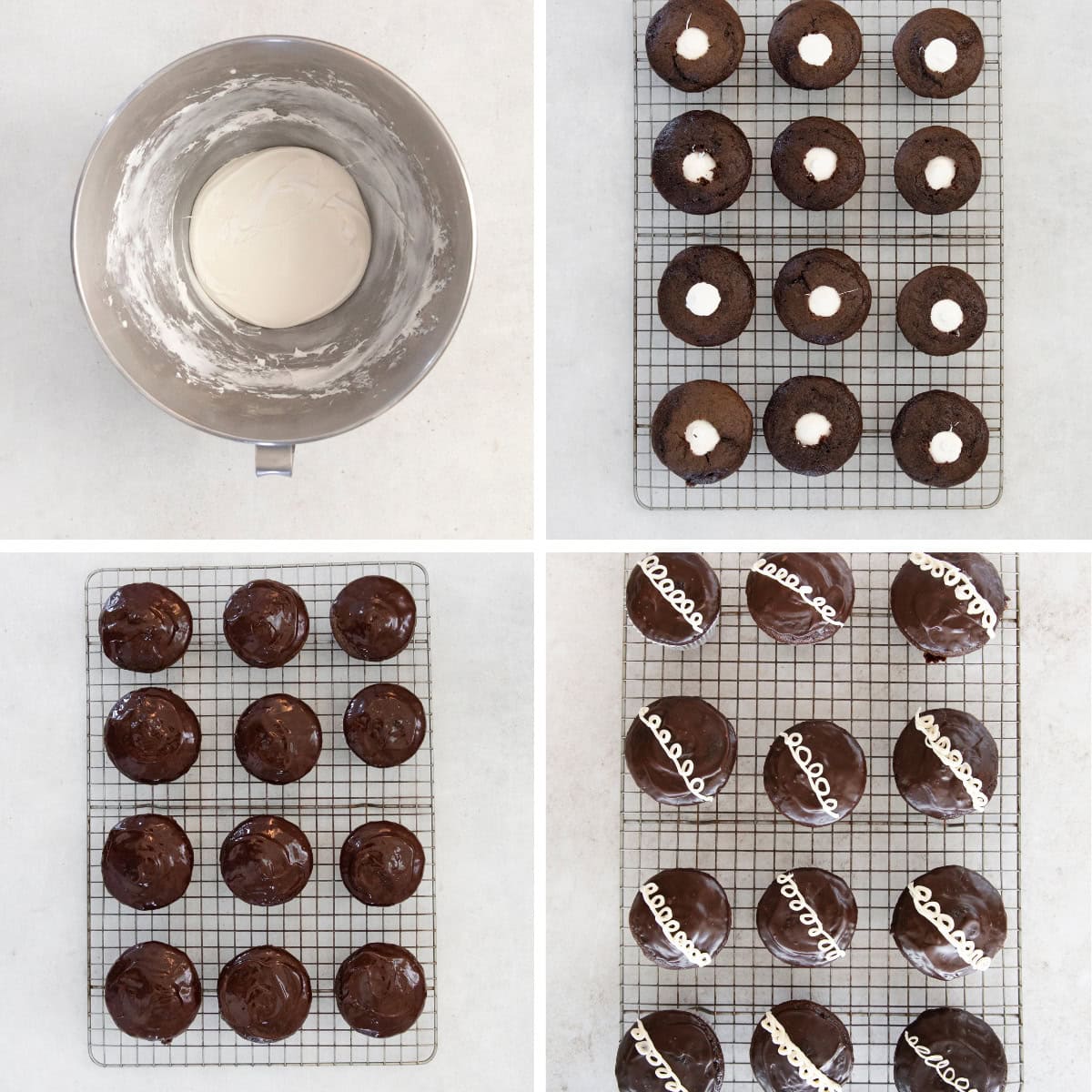 Four photos showing step-by-step instructions for gluten-free Hostess cupcakes: marshmallow filling in a bowl, filling piped into the baked cupcpakes, frosted cupcakes, and iced cupcakes.