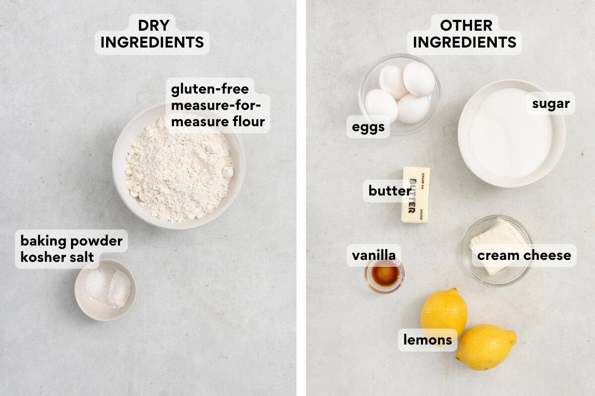Gluten-free lemon loaf ingredients on a countertop.