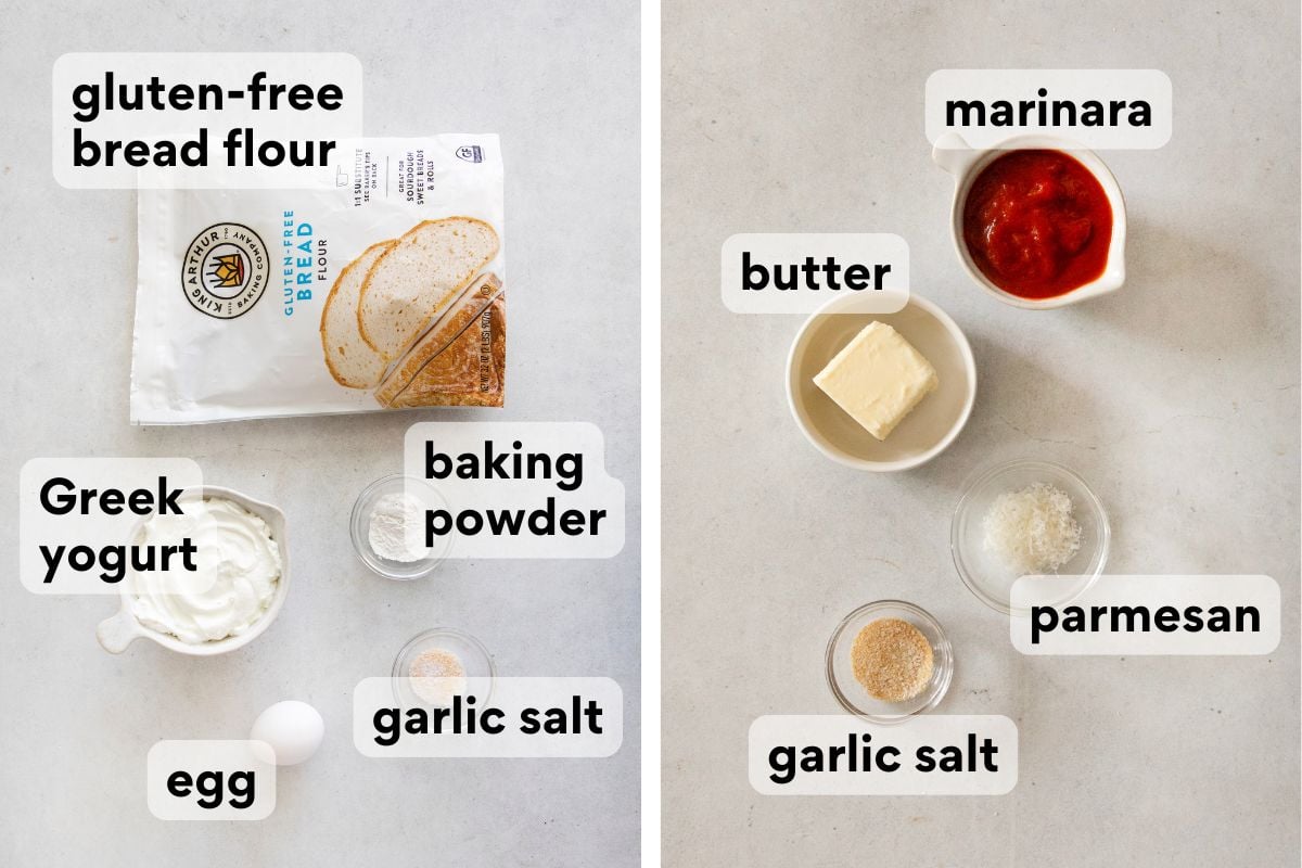 Two panels show labeled ingredients on a light surface. Left: gluten-free bread flour, Greek yogurt, egg, baking powder, and garlic salt. Right: marinara sauce, butter, parmesan cheese, and garlic salt.