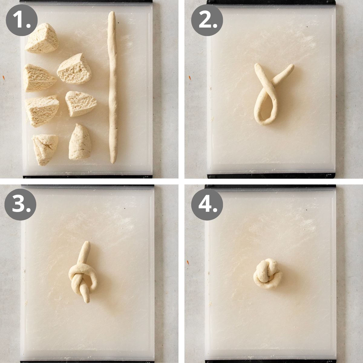 Step-by-step process for shaping pretzel dough: dough is cut into pieces, rolled into a rope, twisted into a loop, crossed into a knot, and formed into a pretzel shape on a white cutting board.
