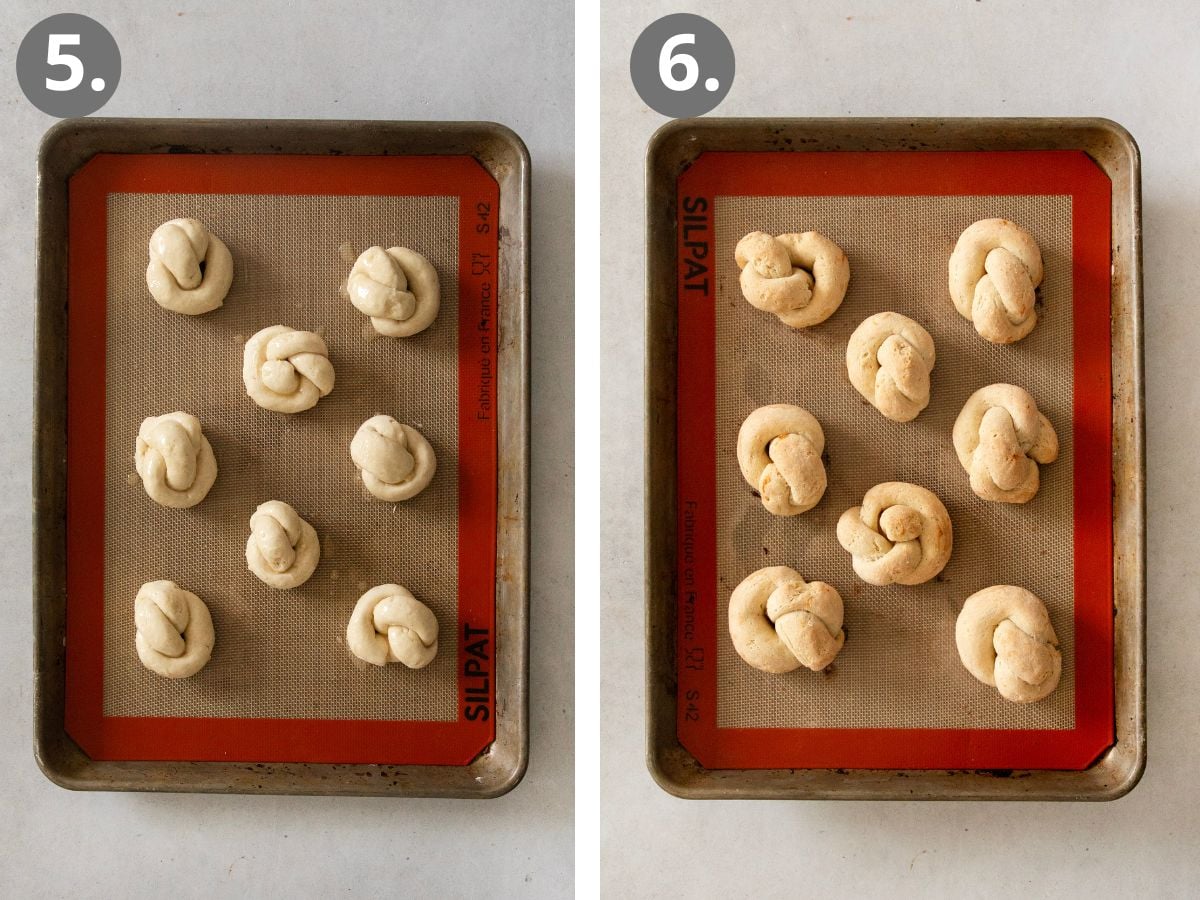 Two baking sheets with silicone mats, each holding nine knotted dough pieces. The left tray shows unbaked dough (labeled “5”), while the right tray shows the same knots baked and golden (labeled “6”).