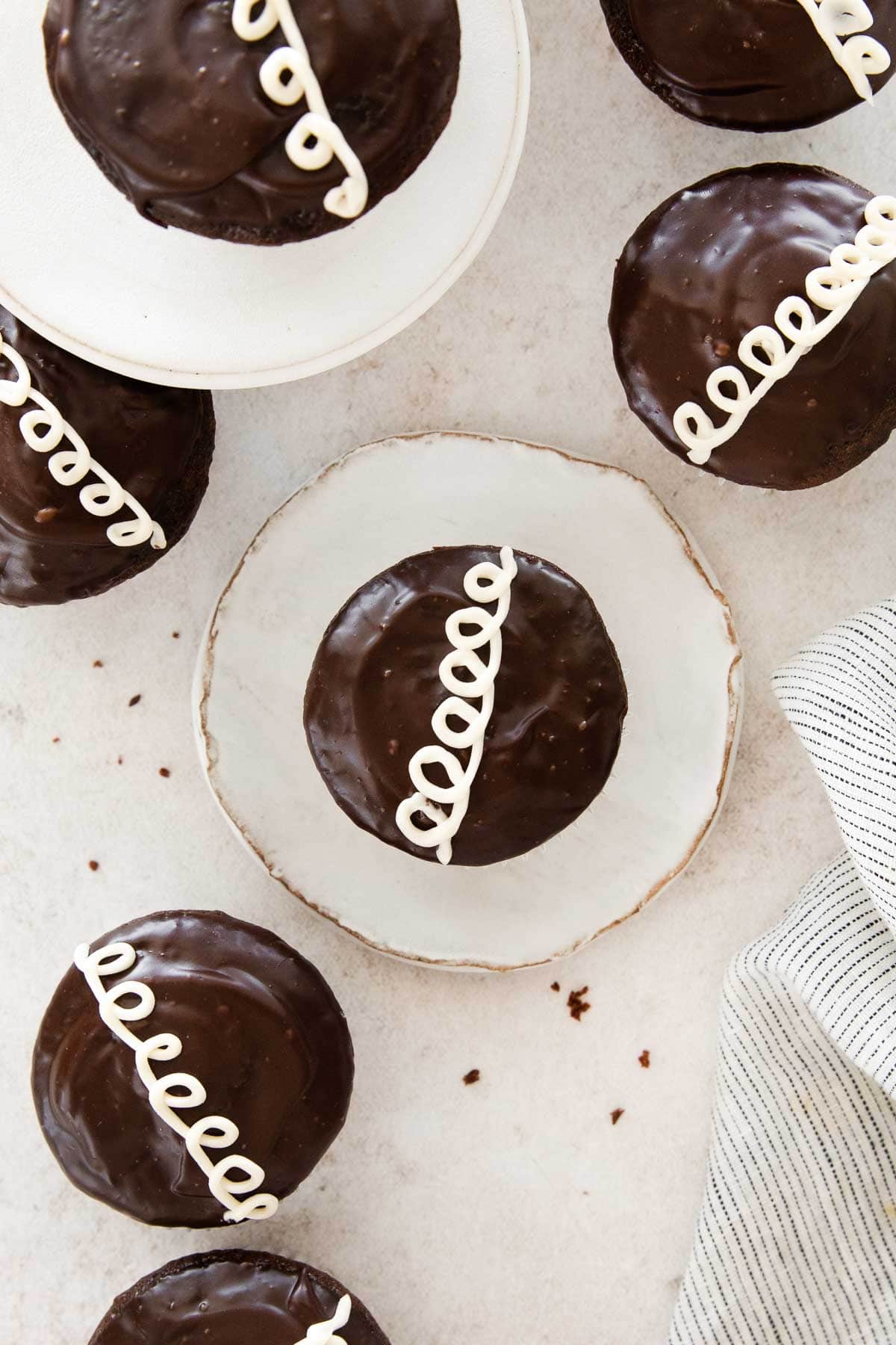 Gluten-free Hostess cupcakes on a countertop.