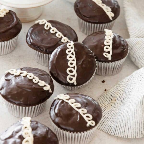Gluten-free Hostess cupcakes on a countertop.